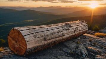 A log resting on rocky terrain with a sunset illuminating the distant mountains. photo