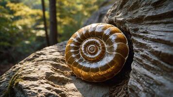 A polished nautilus shell resting on a rocky surface in a serene forest setting. photo