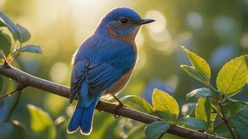 A vibrant bluebird perched on a branch with soft sunlight in the background. photo