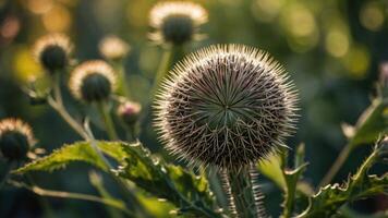 A close-up of a spiky thistle plant with soft background bokeh. photo