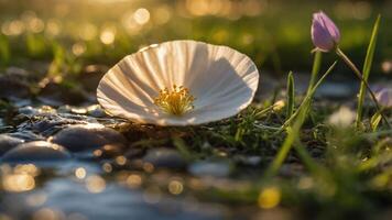 A close-up of a delicate flower petal resting on a grassy surface, illuminated by sunlight. photo