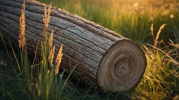 A close-up of a wooden log resting in a grassy field during sunset. photo