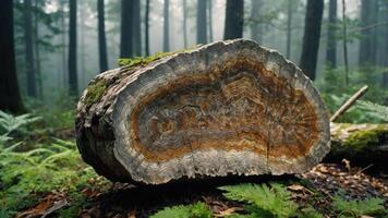A cross-section of a tree trunk showcasing intricate patterns in a misty forest setting. photo
