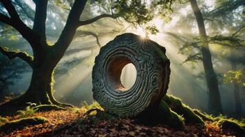 A mystical forest scene featuring a carved log with sunlight streaming through trees. photo