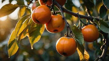 Ripe persimmons hanging on a branch, illuminated by soft sunlight. photo