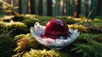 A glossy red dessert sits on ice in a forest setting, showcasing nature and culinary art. photo