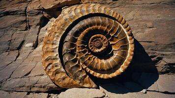 A large fossilized ammonite embedded in rocky terrain. photo