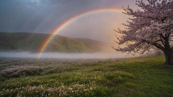 A serene landscape featuring a rainbow over a misty field with cherry blossoms. photo