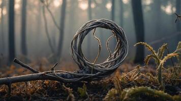 A circular vine resting on the forest floor, surrounded by misty trees and ferns. photo