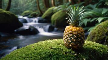 A pineapple sits atop a mossy rock by a serene forest stream. photo