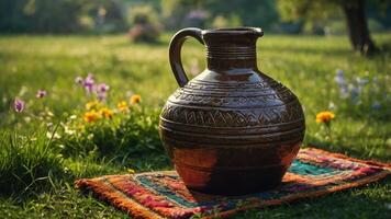 A decorative pottery jug sits on a colorful rug amidst a vibrant grassy field. photo