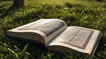 An open book resting on grass, illuminated by sunlight, suggesting a peaceful reading environment. photo