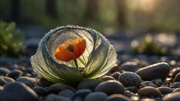 A vibrant orange poppy flower surrounded by dew on a leaf, resting on smooth pebbles. photo