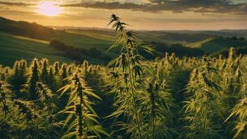 A scenic view of a hemp field at sunset, highlighting nature's beauty and agricultural practices. photo