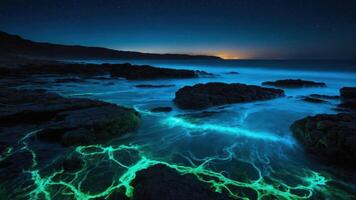 A serene coastal scene at night featuring glowing bioluminescent waves and rocky formations. photo