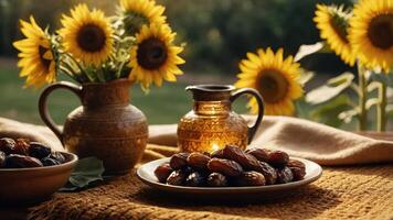 A warm, inviting table setting featuring dates, sunflowers, and decorative pottery. photo