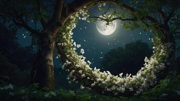 A serene night scene featuring a floral arch with a full moon in a tranquil forest setting. photo
