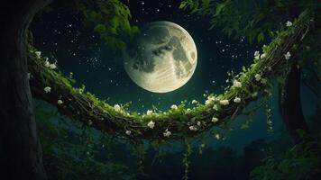 A serene moonlit scene with flowers and vines, creating a mystical atmosphere. photo