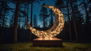 A glowing crescent moon sculpture surrounded by trees at night, creating a magical atmosphere. photo