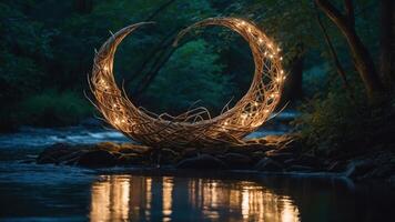 A woven structure with lights by a serene stream in a dark forest. photo