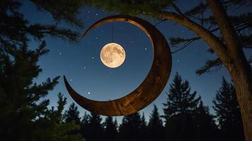 A large crescent moon hangs from a tree in a starry night sky, creating a serene atmosphere. photo