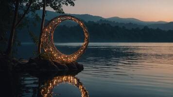 A glowing circular sculpture by a tranquil lake at sunset, reflecting on the water's surface. photo