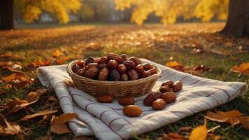 A woven basket filled with dates on a blanket in an autumn setting. photo