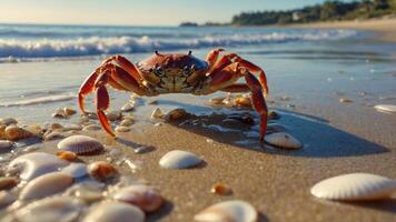 A crab walks along a sandy beach scattered with seashells, illuminated by sunlight. photo