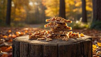 A stack of nut brittle on a tree stump in a serene autumn forest setting. photo