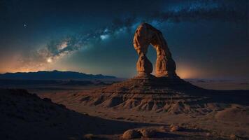 A stunning night view of a rock formation under a starry sky. photo