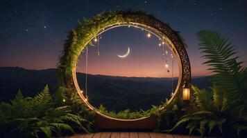 A serene circular frame adorned with plants, revealing a moonlit mountain landscape. photo