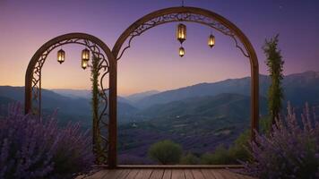 A serene landscape view framed by ornate arches and illuminated lanterns at dusk. photo
