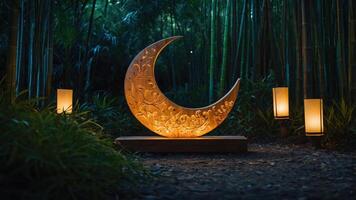 A serene moon sculpture illuminated among bamboo, creating a tranquil atmosphere. photo