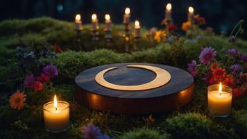 A serene altar surrounded by candles and flowers, suggesting a spiritual or meditative setting. photo