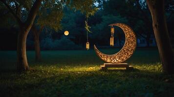 A decorative crescent moon sculpture with lanterns, illuminated in a tranquil outdoor setting. photo