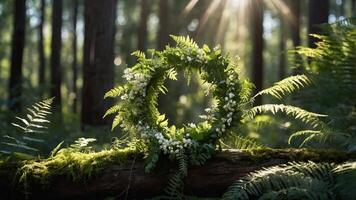 A floral wreath made of ferns and white flowers rests on a mossy log in a sunlit forest. photo