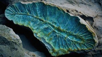 A large, vibrant fossil resembling a leaf embedded in rocky terrain. photo