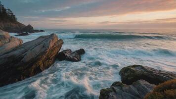 A serene coastal scene with waves crashing against rocky formations at sunset. photo