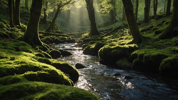 A serene forest scene with a flowing stream and sunlight filtering through the trees. photo
