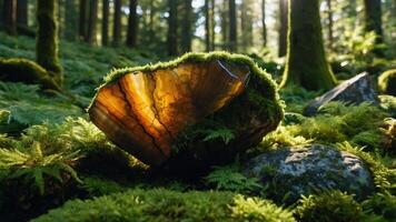 A vibrant piece of agate resting on moss in a serene forest setting. photo