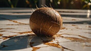 A close-up of a coconut resting on a cracked surface, highlighting its texture and natural beauty. photo