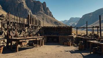 A rustic workshop nestled in a mountainous landscape, showcasing tools and materials for crafting. photo