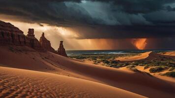 Dramatic desert landscape with towering formations and stormy skies. photo