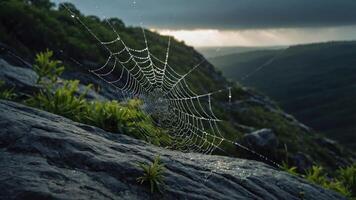A close-up of a spider web adorned with dew drops, set against a mountainous backdrop. photo