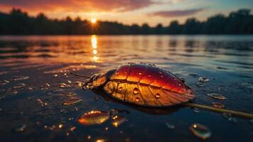A close-up of a colorful insect shell on a wet surface during sunset. photo