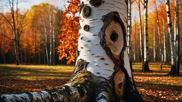 A close-up of a birch tree trunk with autumn foliage in the background. photo