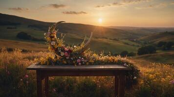 A wooden table adorned with flowers and horns at sunset in a serene landscape. photo