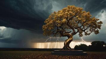 A golden tree stands against a stormy sky, illuminated by lightning in the distance. photo
