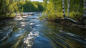 A serene river flows through lush greenery, reflecting sunlight and surrounded by birch trees. photo