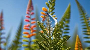 A crystal prism resting on vibrant green and orange foliage against a clear blue sky. photo